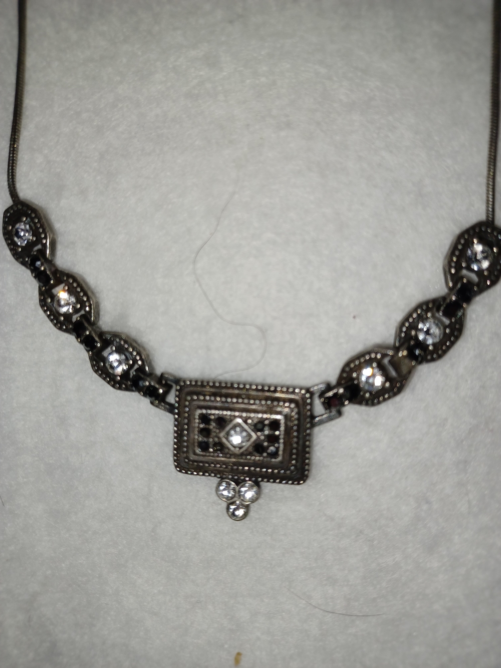 Vintage Art Deco Style Silver Tone Rhinestone Geometric Link Necklace